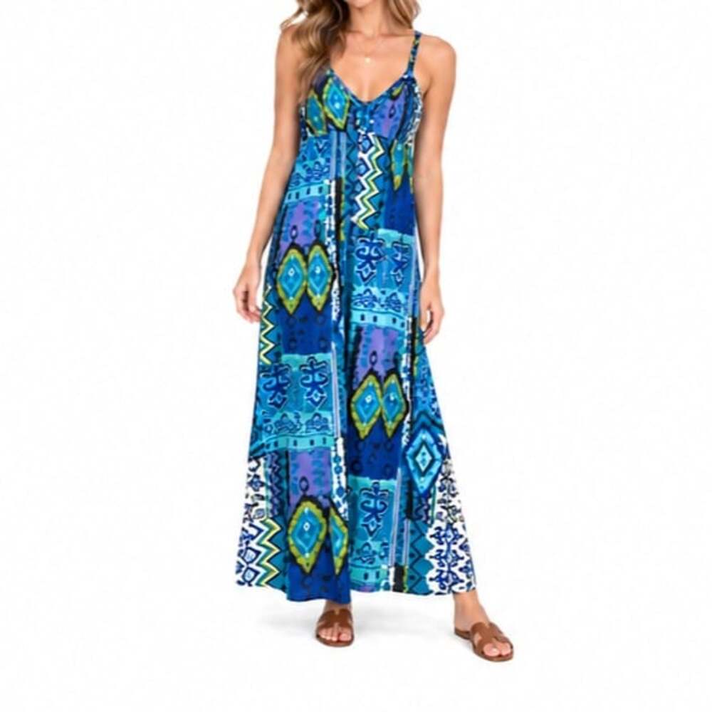 SNAP Blue Patchwork Ikat Boho Maxi Dress